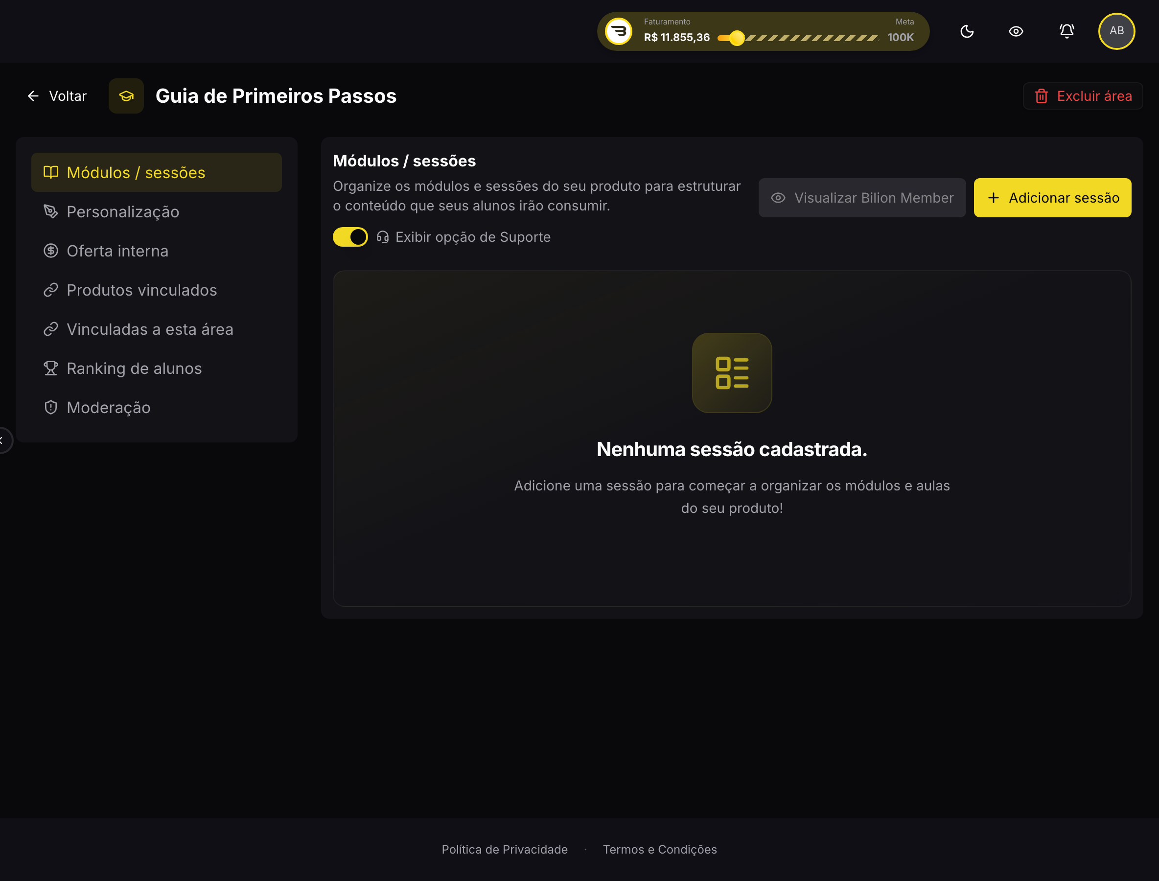 Área de membros por dentro, com a estrutura de conteúdo