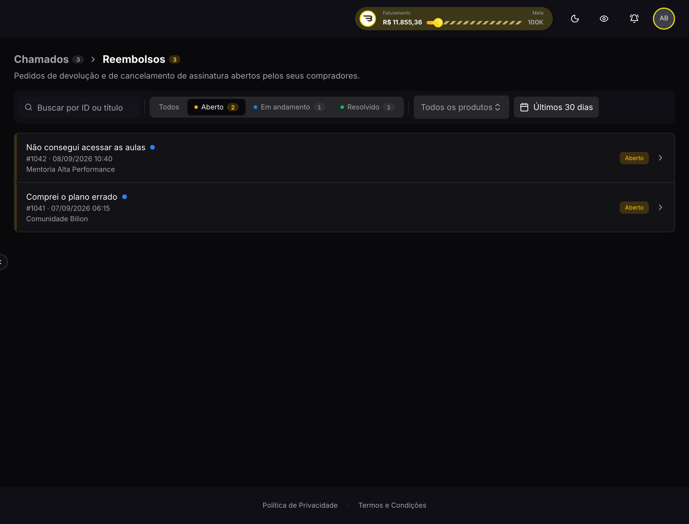 Tela de Chamados, com os pedidos de reembolso e cancelamento