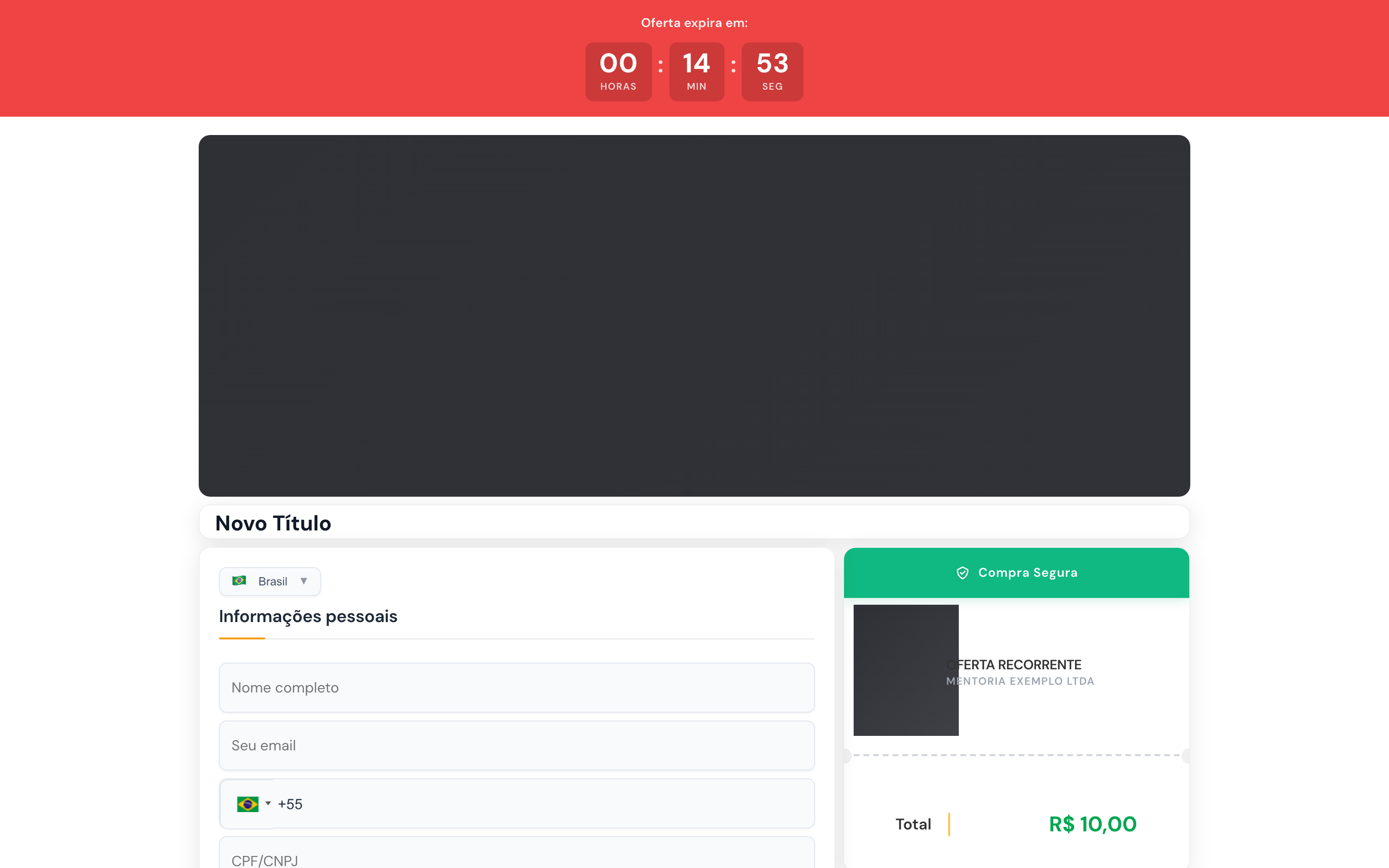 Checkout montado com cronômetro, banner e resumo da compra