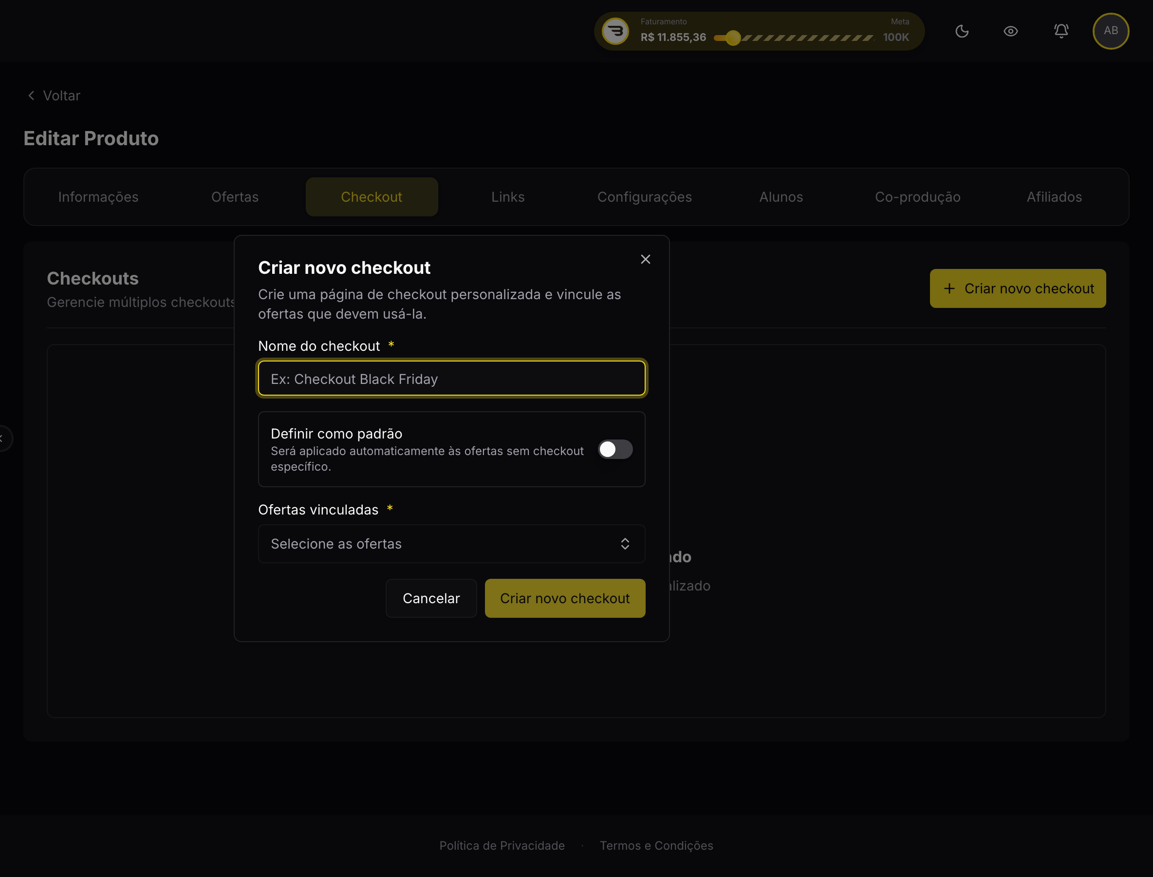 Janela Criar novo checkout, com nome, padrão e ofertas vinculadas