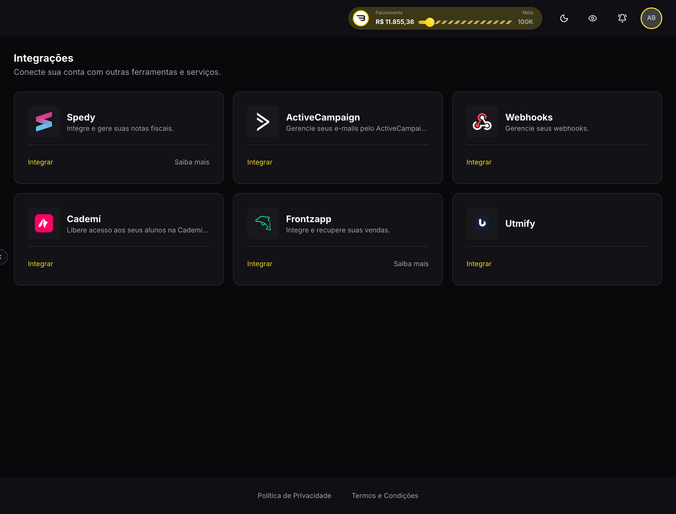 Catálogo de Integrações, com as ferramentas disponíveis