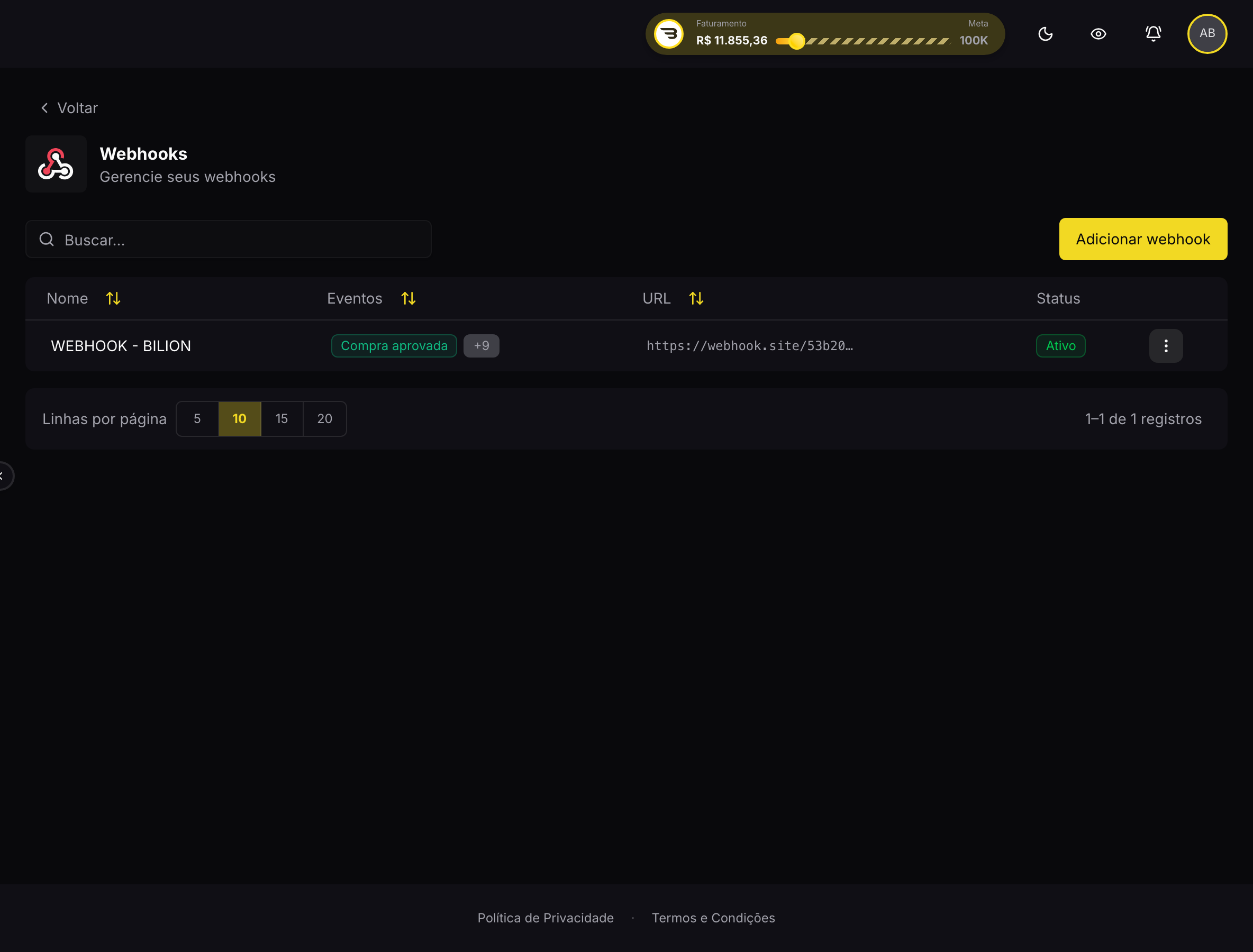 Tela de webhooks, com os webhooks cadastrados