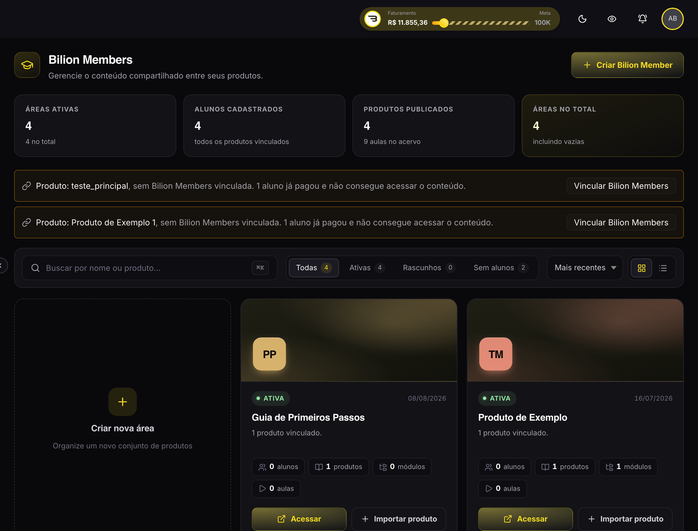 Tela Bilion Members, com as áreas de membros da conta