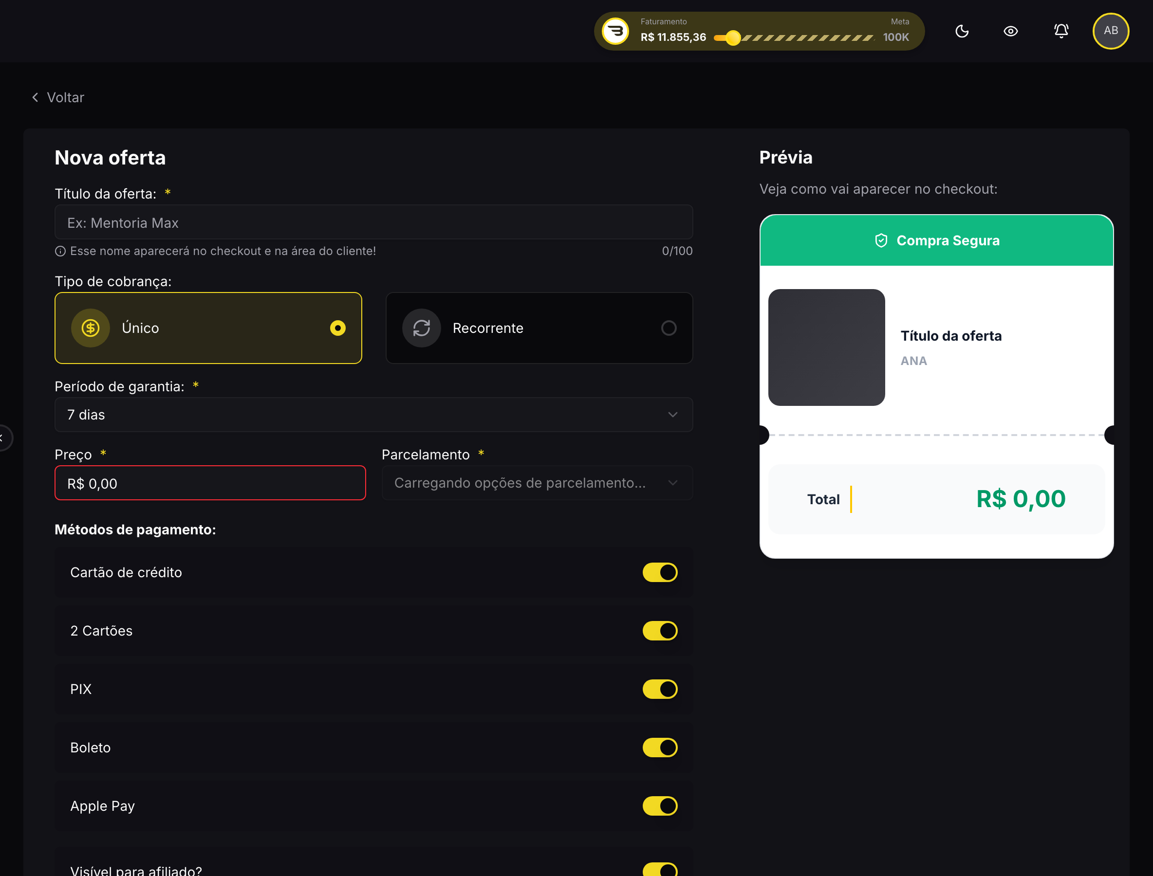 Formulário de nova oferta, com tipo de cobrança, preço e meios de pagamento
