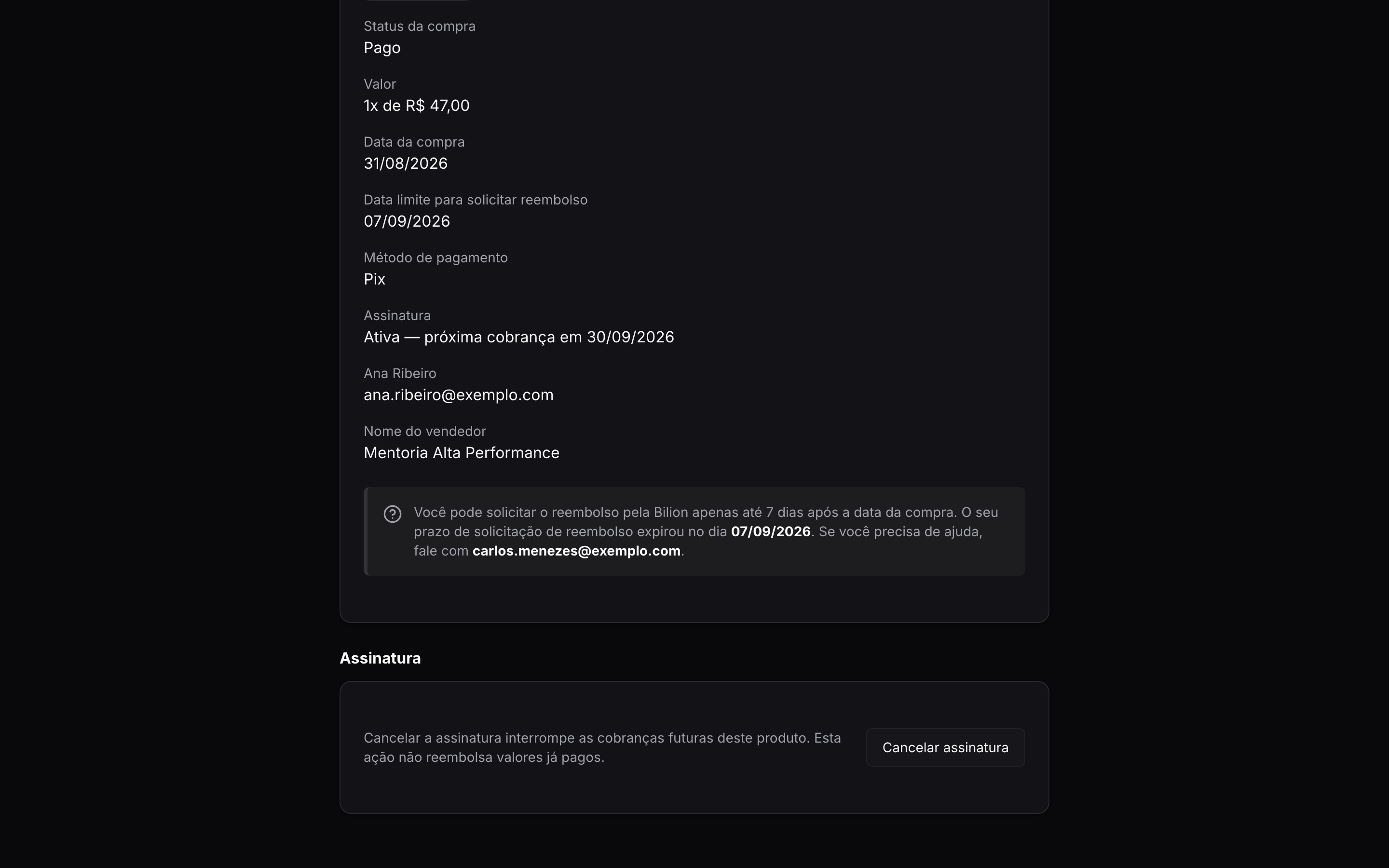 Bloco Assinatura no portal, com o botão Cancelar assinatura