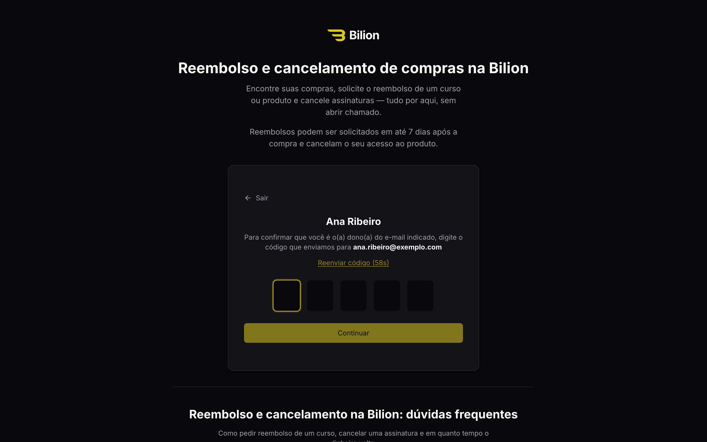 Portal de reembolso pedindo o código de 5 dígitos enviado por e-mail