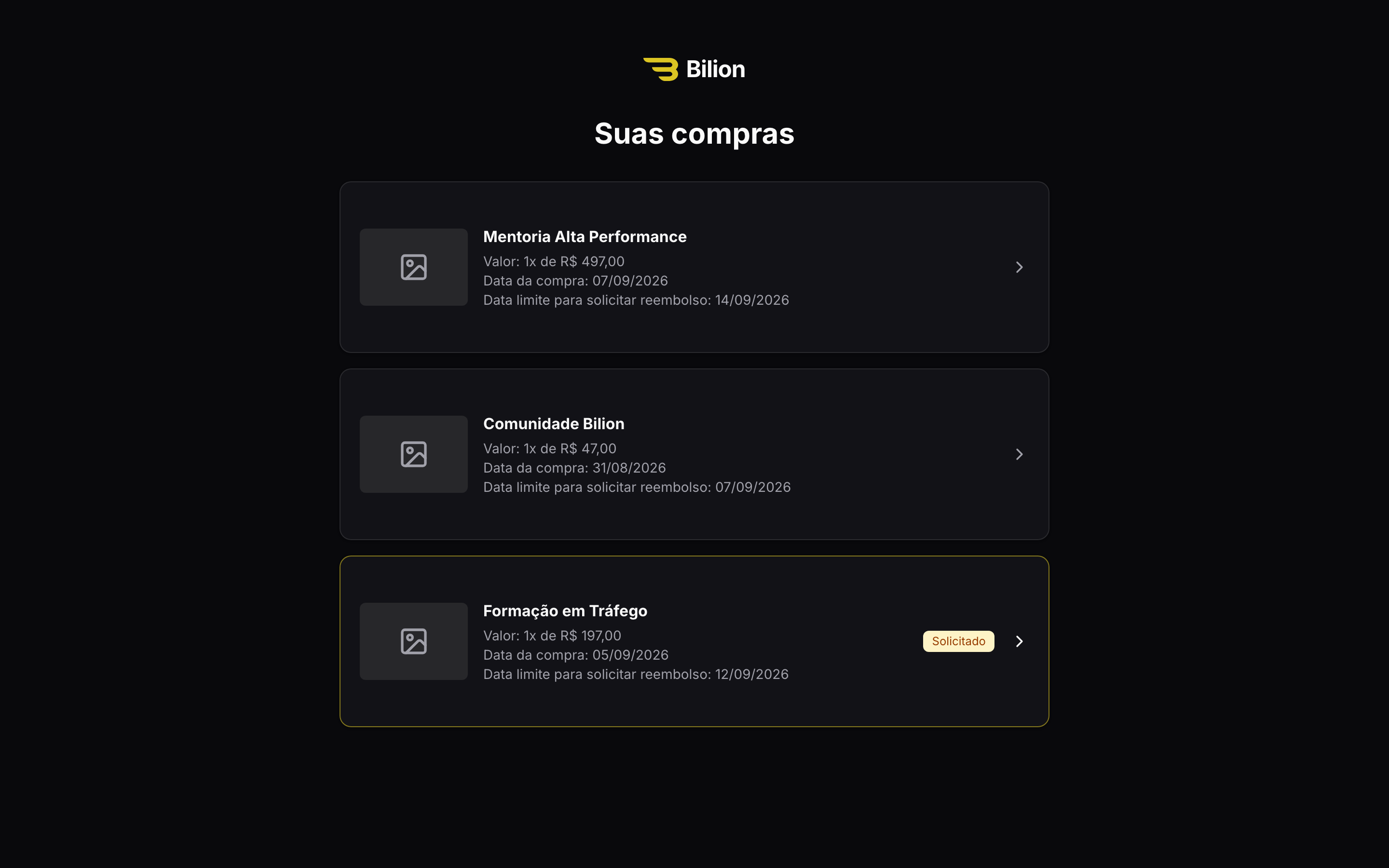 Lista de compras no portal de reembolso, com produto, valor e data limite