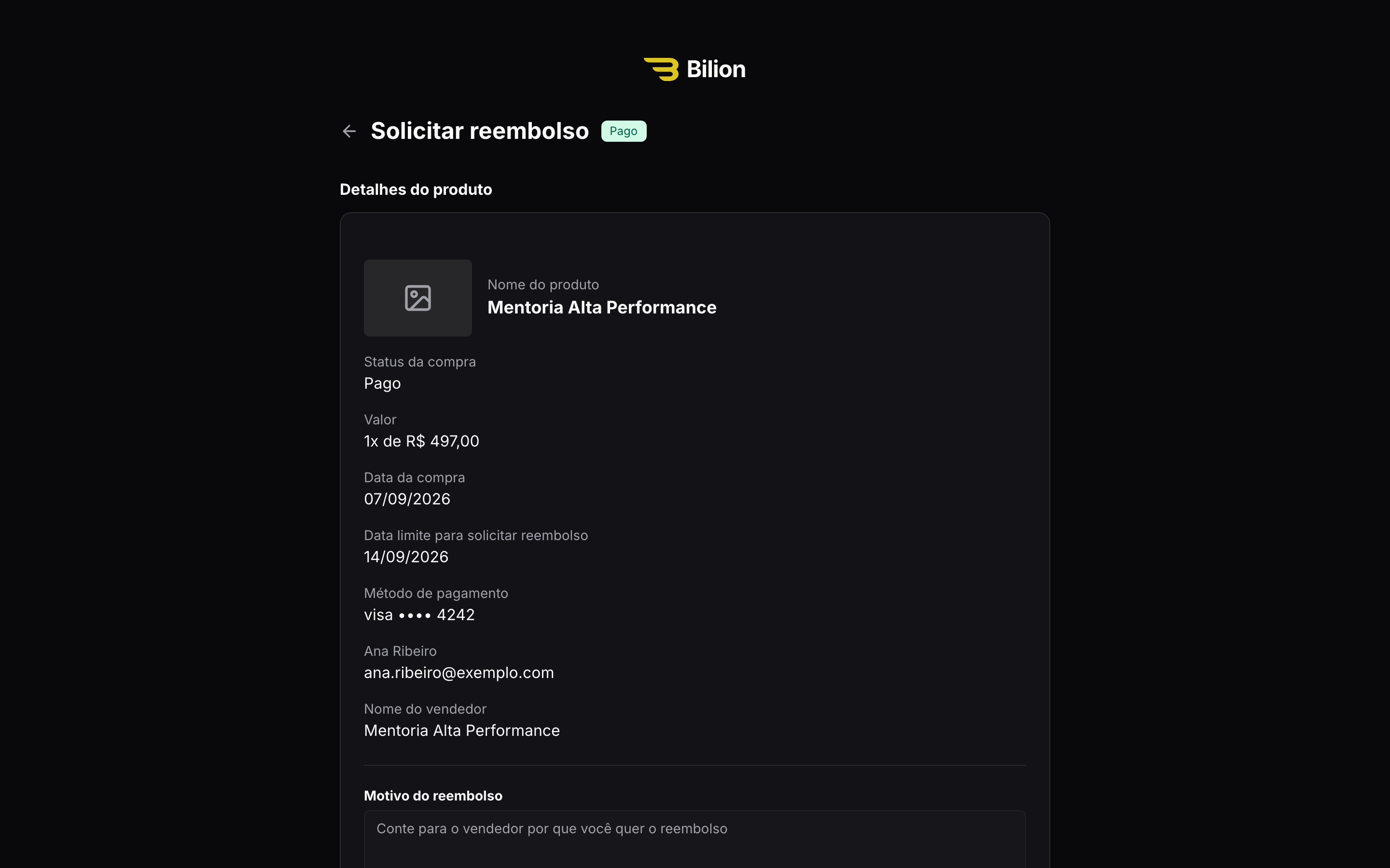 Detalhe de uma compra no portal, com o campo de motivo do reembolso