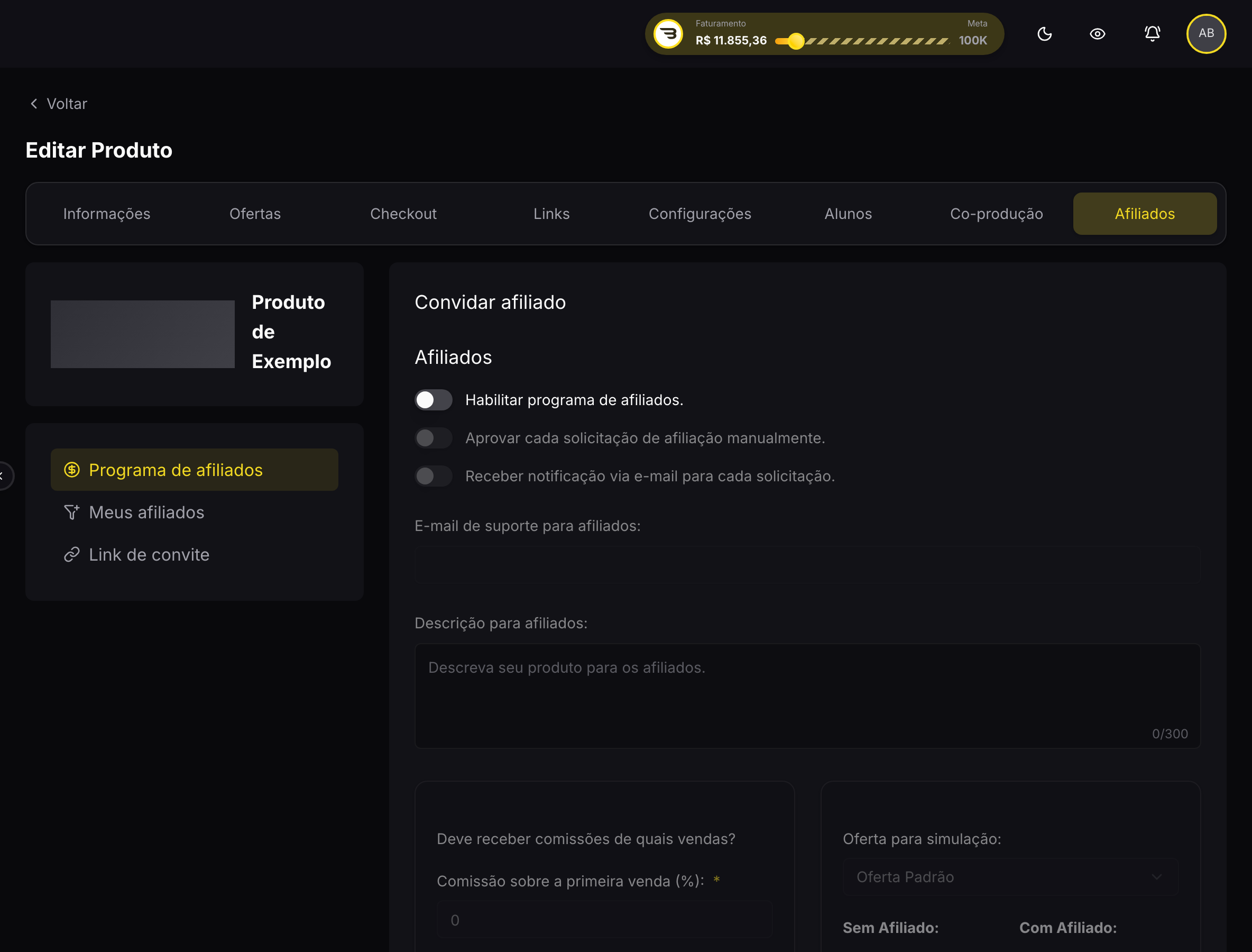 Aba Afiliados do produto, com o programa e a comissão