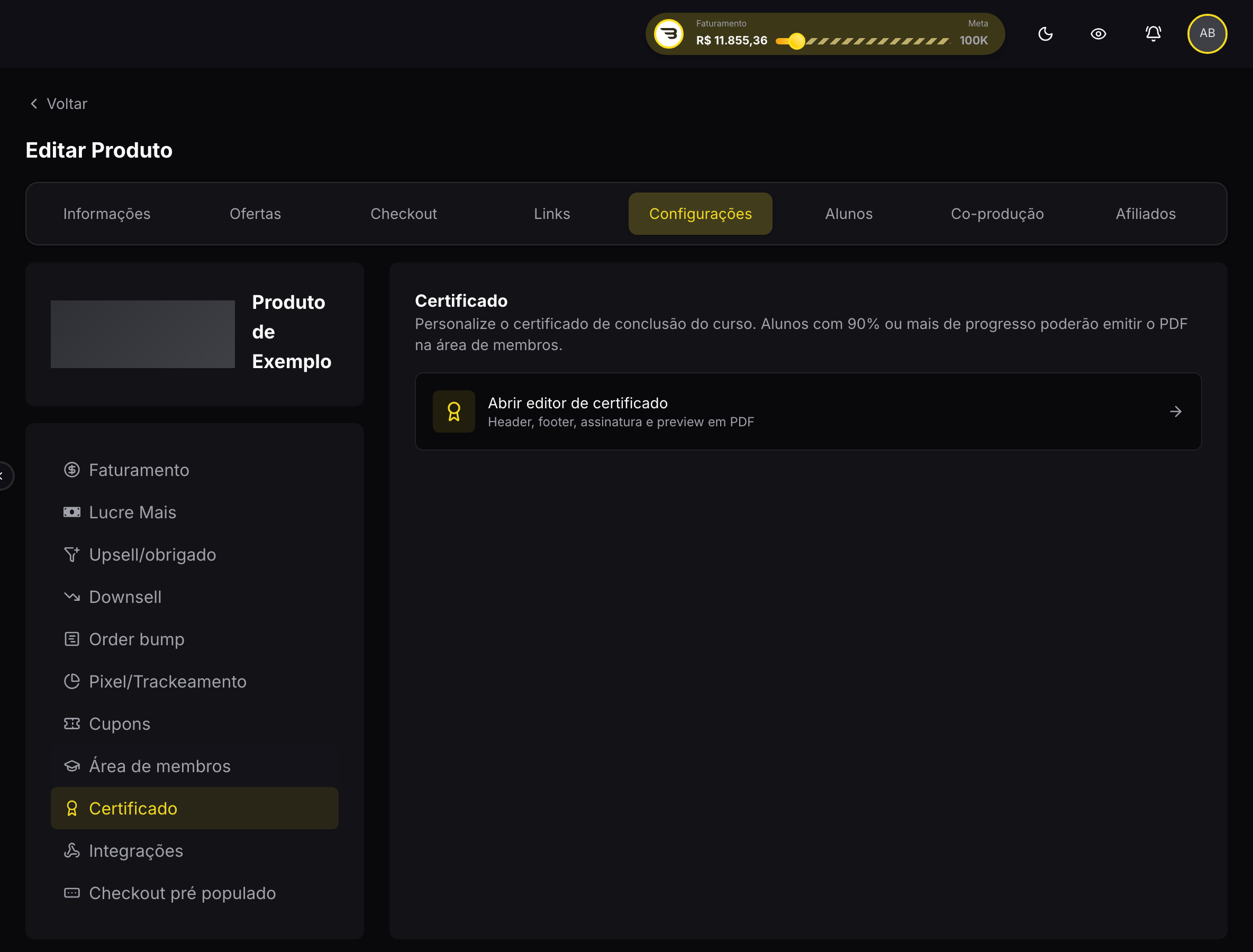 Seção Certificado, dentro de Configurações do produto