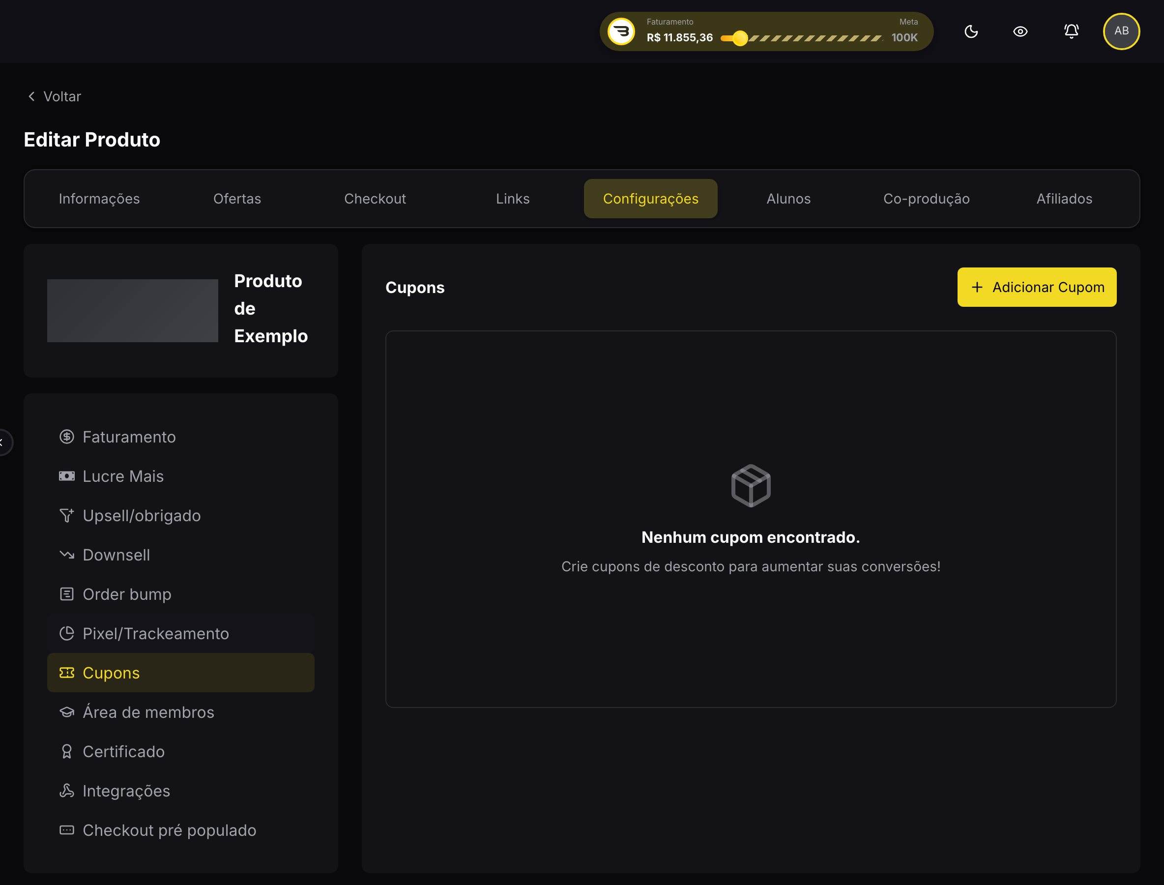 Seção Cupons, dentro de Configurações do produto