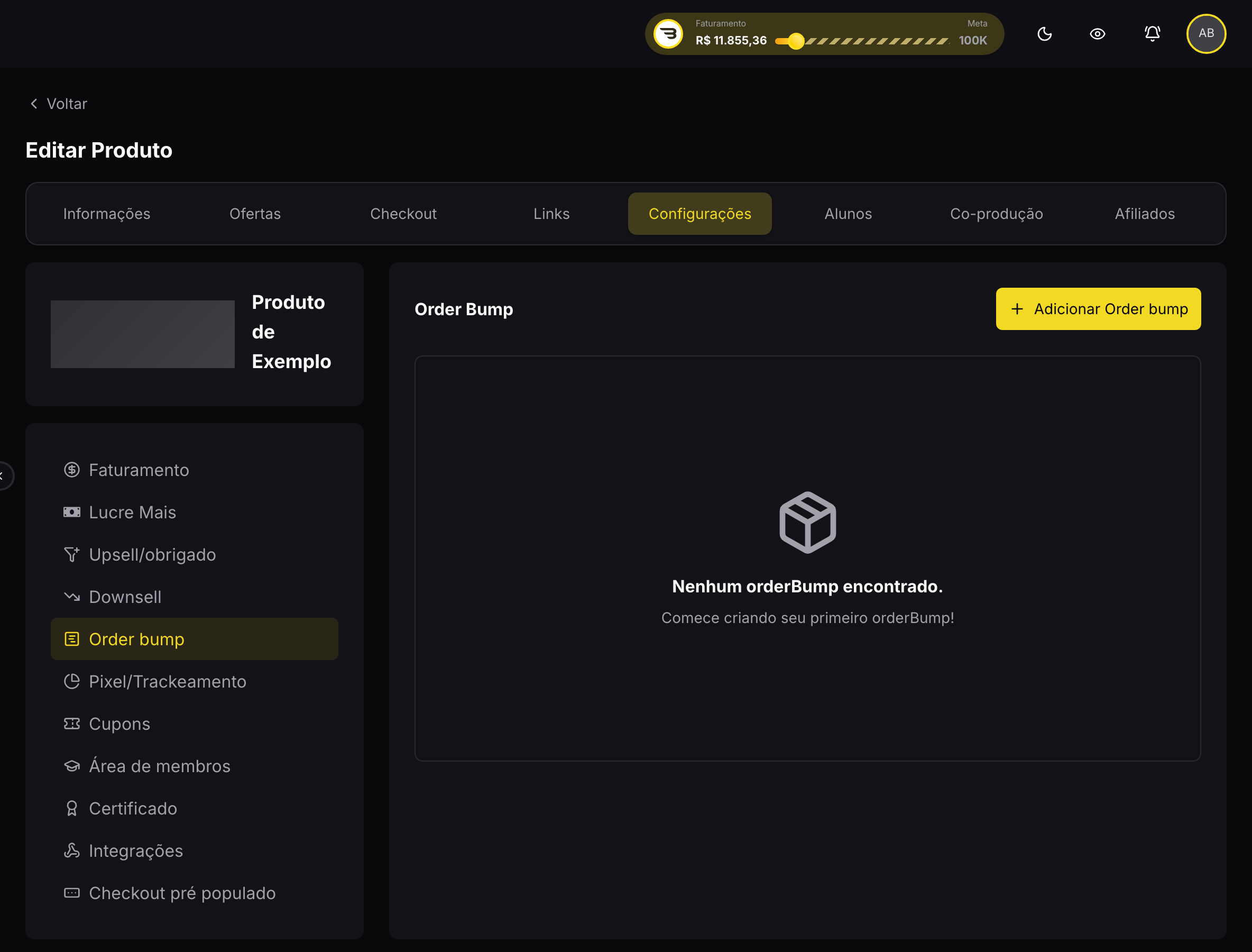 Seção Order bump, dentro de Configurações do produto
