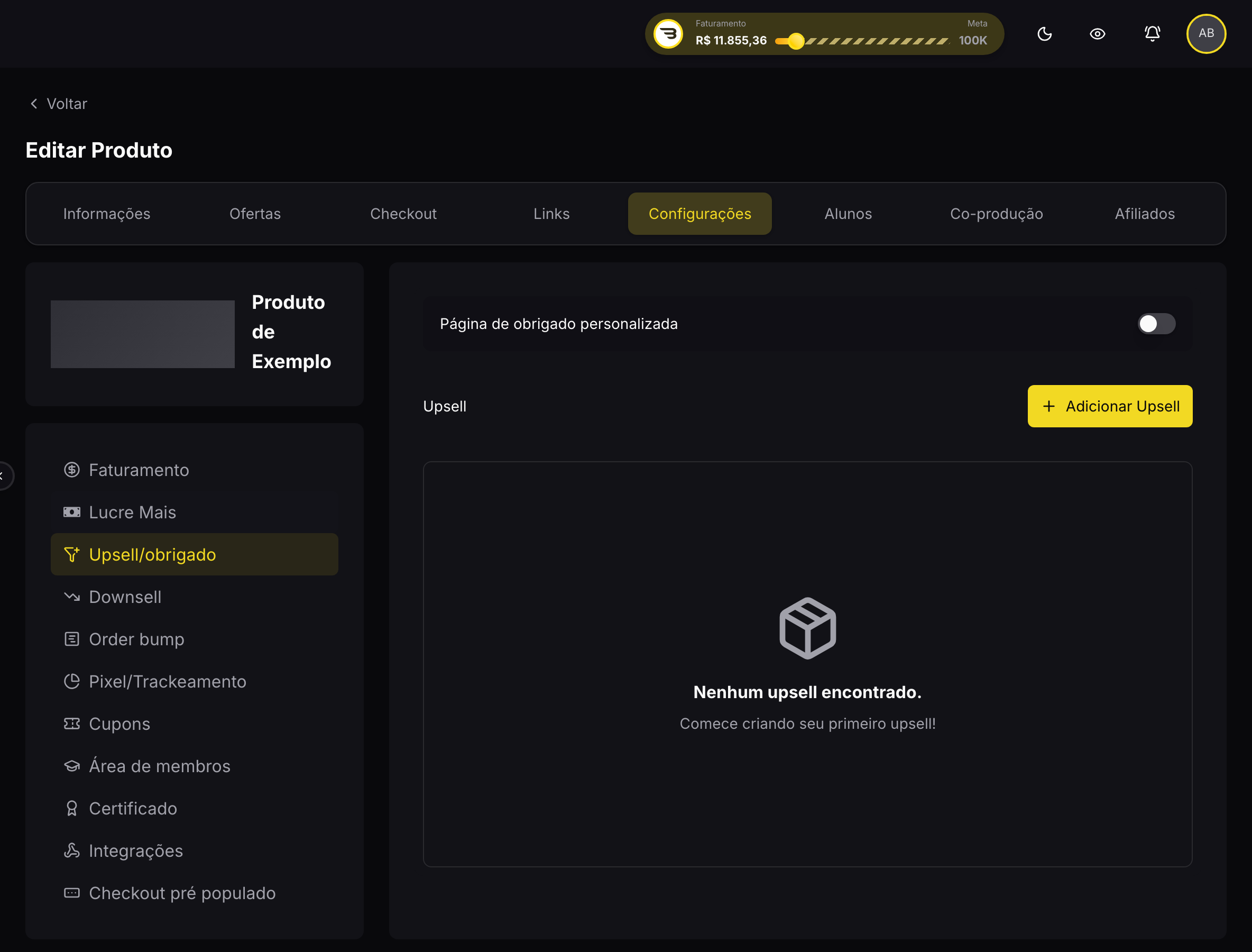 Seção Upsell e obrigado, dentro de Configurações do produto