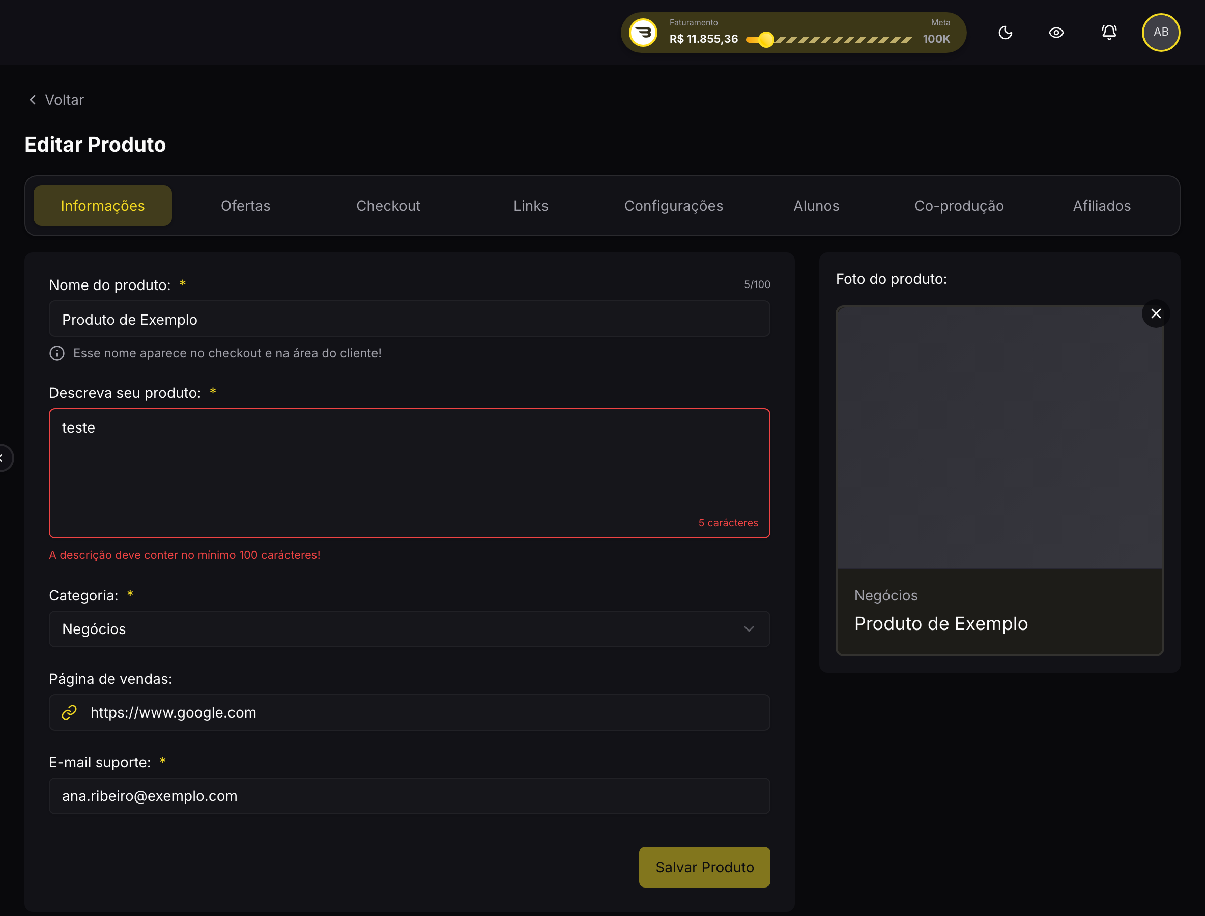 Editor de produto aberto, mostrando as oito abas