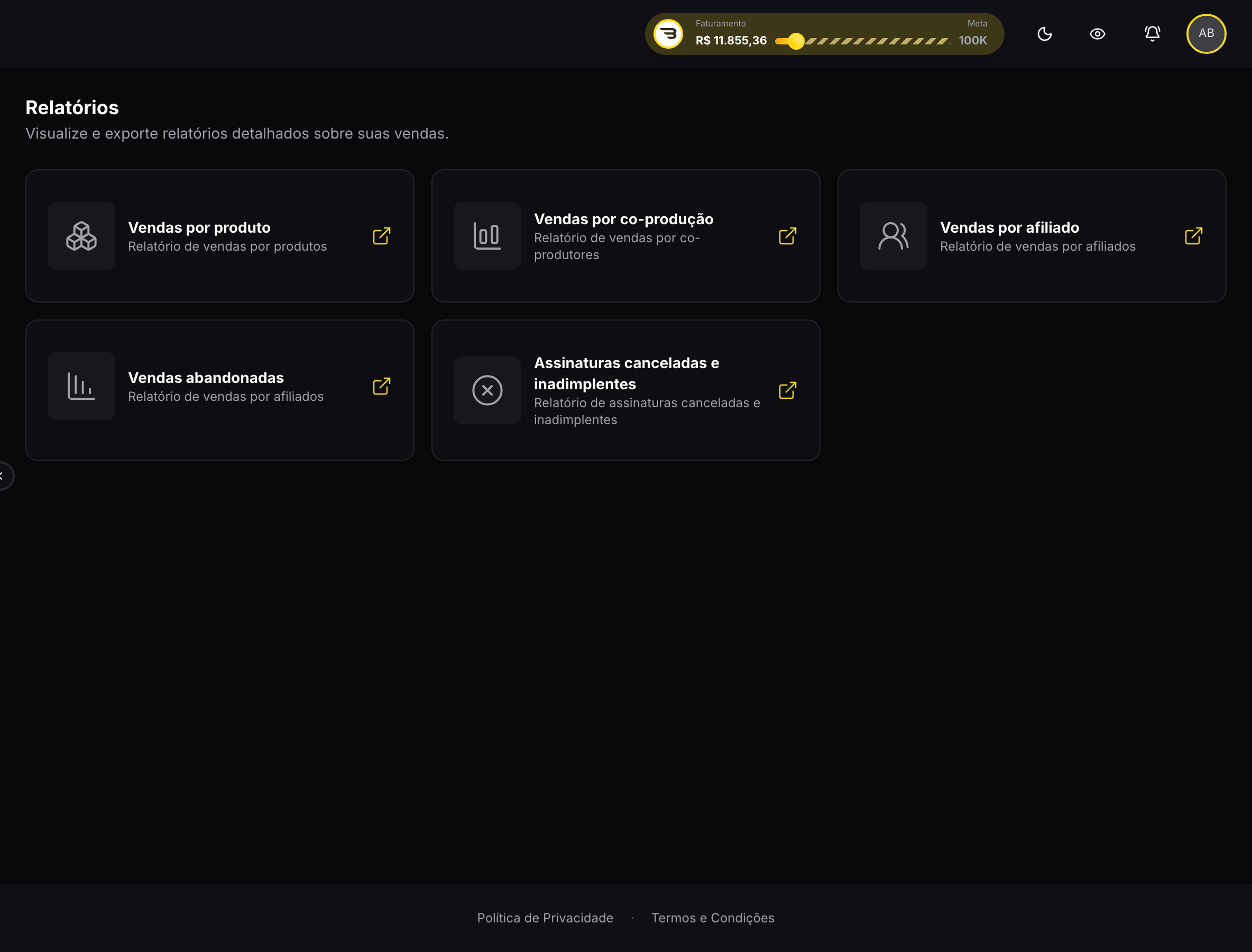 Tela de Relatórios, com os cinco relatórios disponíveis