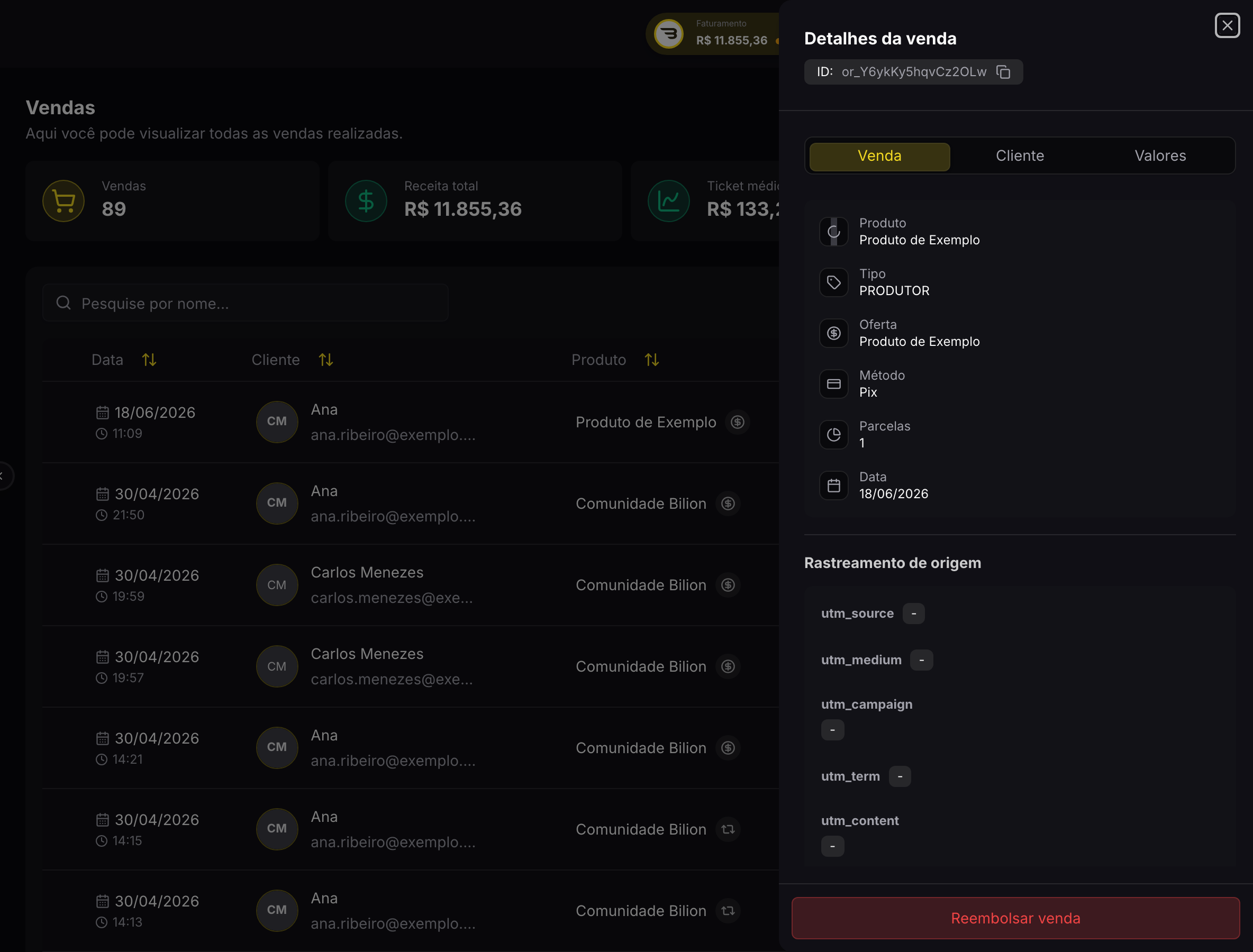 Detalhe de uma venda, com as abas Cliente, Venda e Valores