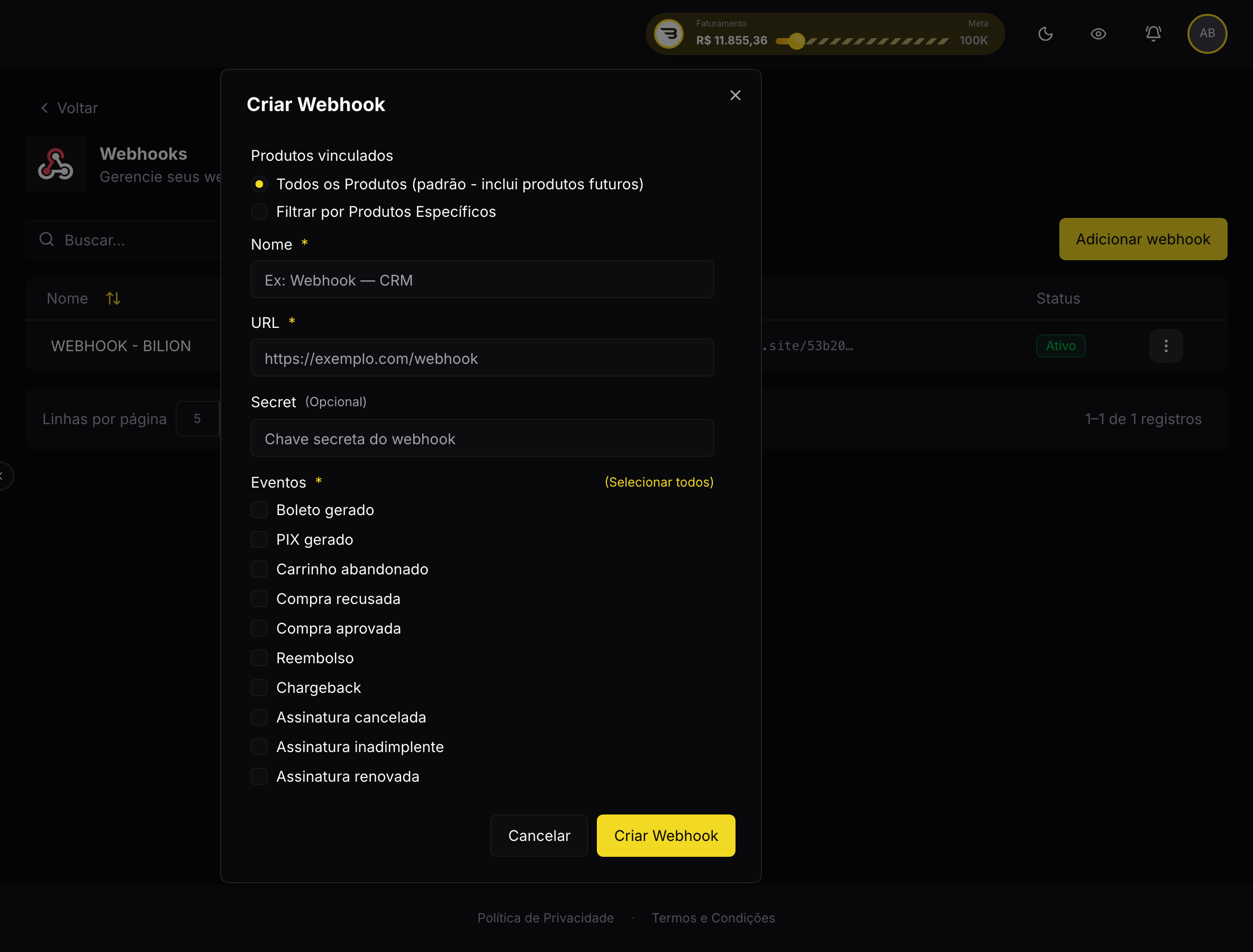 Cadastro de webhook, com a URL de destino e os eventos